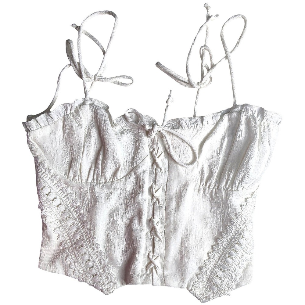 Coquette KIRIOUS Lace Up Corset Top Women Medium White Tie Shoulder Smocked Back